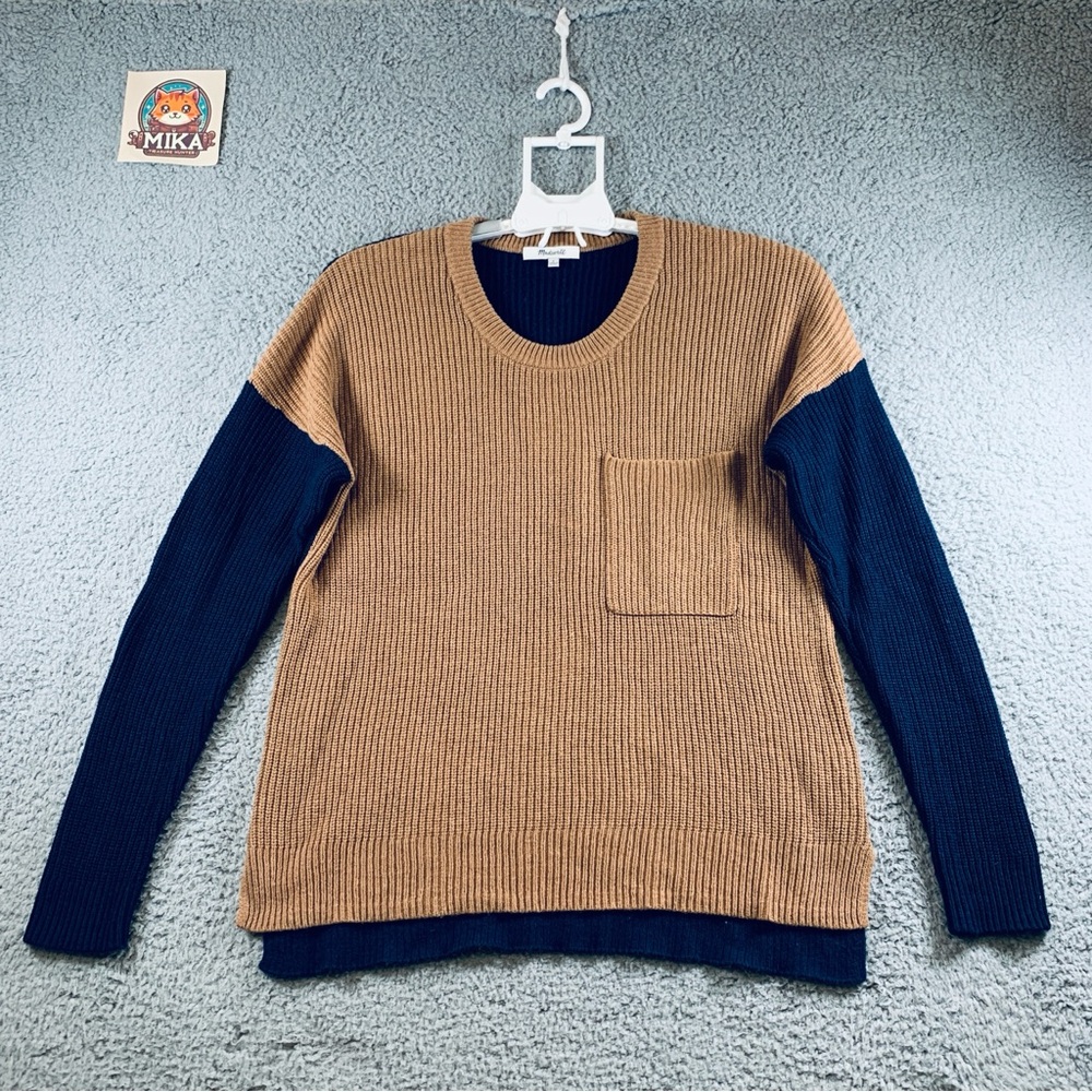 Madewell Knit Sweater Women's‎ Long Sleeve Pocket Cotton Blend Brown Navy Size S